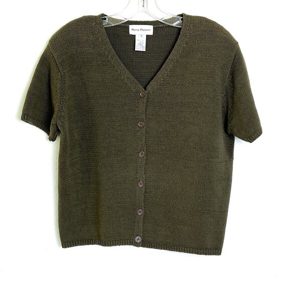 Rena Rowan Cardigan Sweater Large Green Button Front Short Sleeve Knit Vintage - Picture 1 of 6